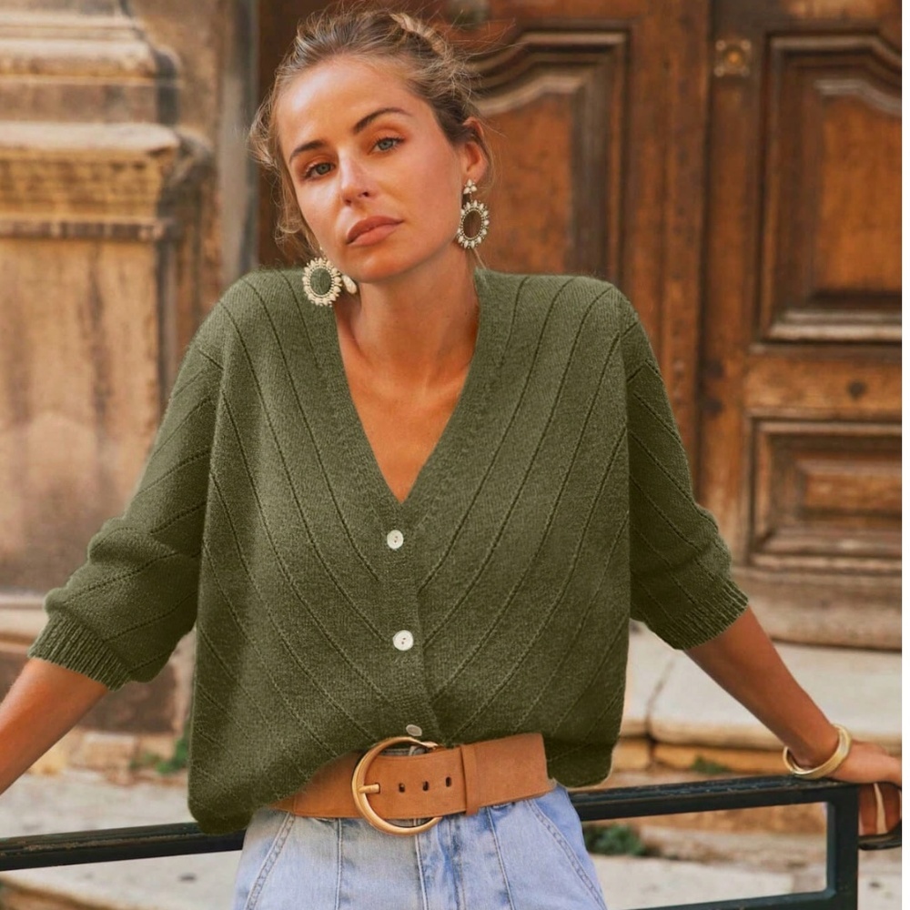 V-Cut Buttoned Down Green Knit Cardigan Textured, Long Sleeve